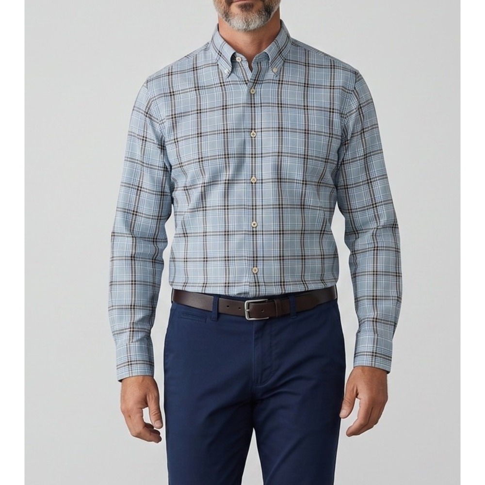 PETER MILLAR Button Down Shirt Mens Large Blue Plaid 100% Cotton Long Sleeve